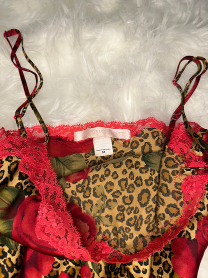 Y2K Vintage Victoria's Secret 2004 Leopard Floral Satin & Lace Slip Dress - (M)