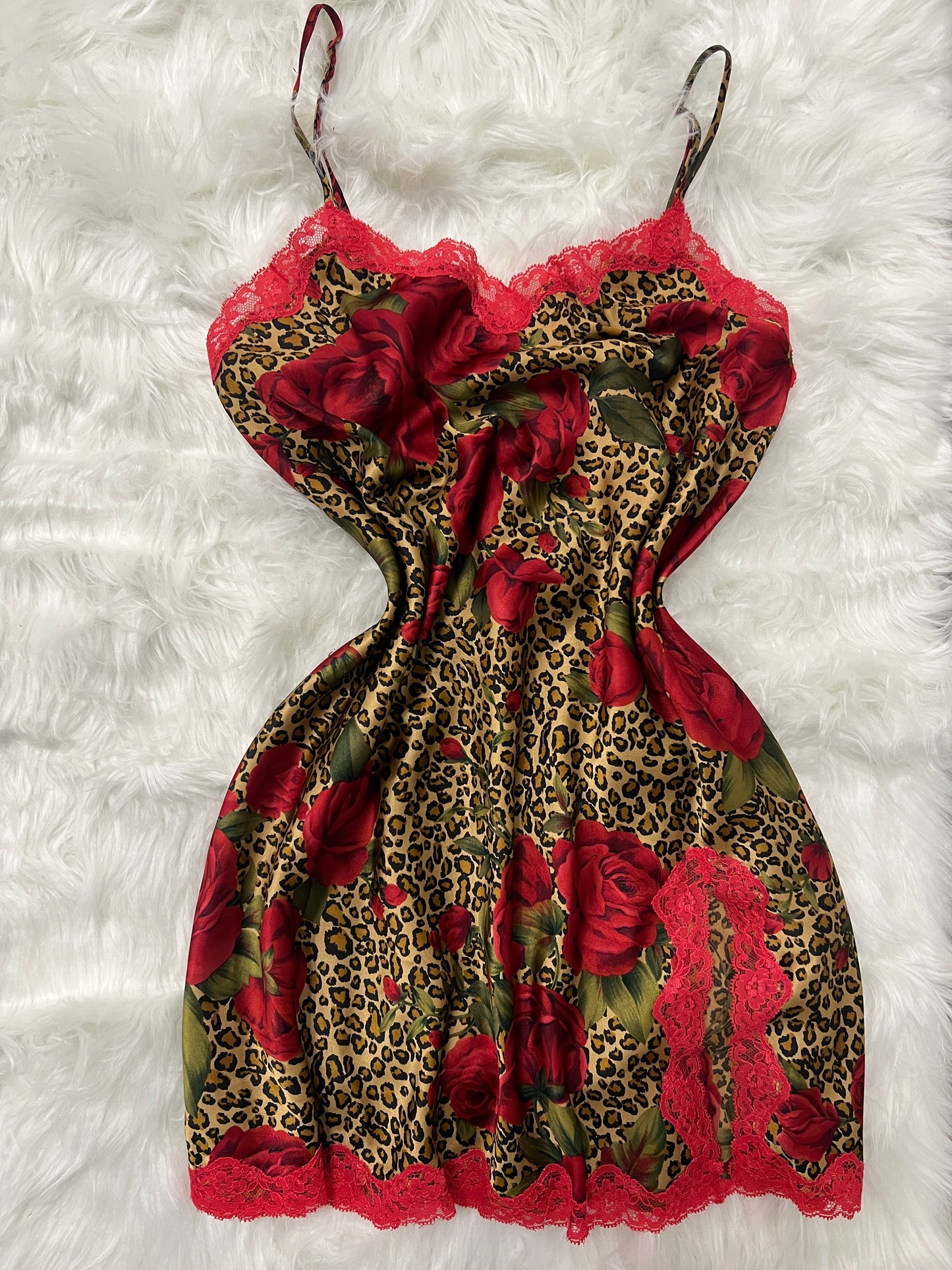 Y2K Vintage Victoria's Secret 2004 Leopard Floral Satin & Lace Slip Dress - (M)