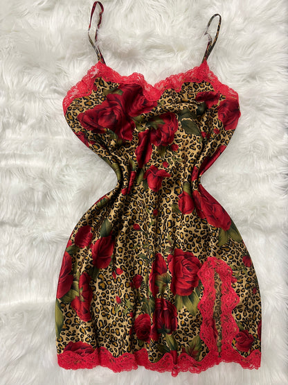 Y2K Vintage Victoria's Secret 2004 Leopard Floral Satin & Lace Slip Dress - (M)