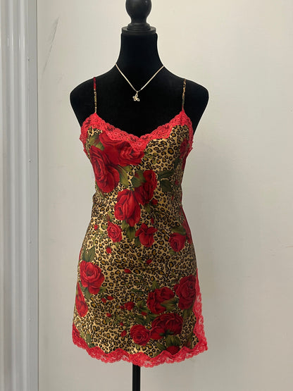 Y2K Vintage Victoria's Secret 2004 Leopard Floral Satin & Lace Slip Dress - (M)