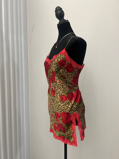 Y2K Vintage Victoria's Secret 2004 Leopard Floral Satin & Lace Slip Dress - (M)