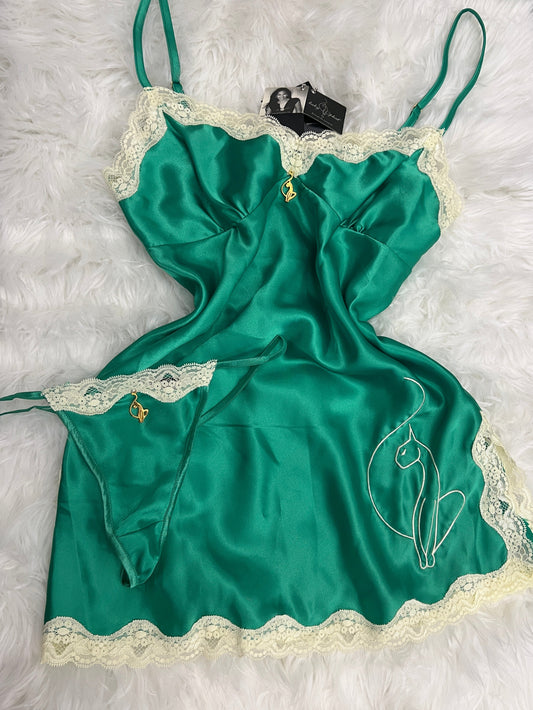 Y2K Vintage (Rare) Emerald BabyPhat Satin & Lace Slip Dress w/ Thong Set - (M)